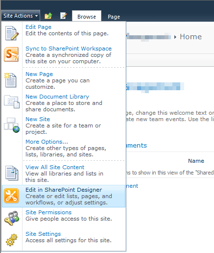 Edit in SharePoint Designer Menu